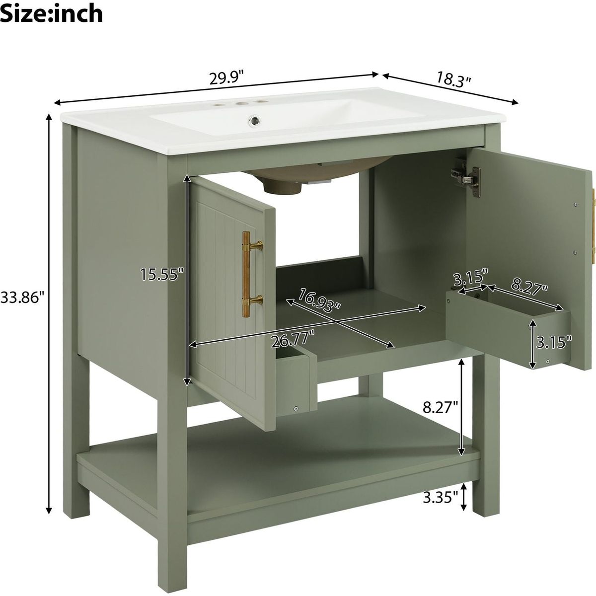 30-Inch Green Bathroom Vanity with Ceramic Sink and Versatile Storage - Ideal for Small Bathrooms