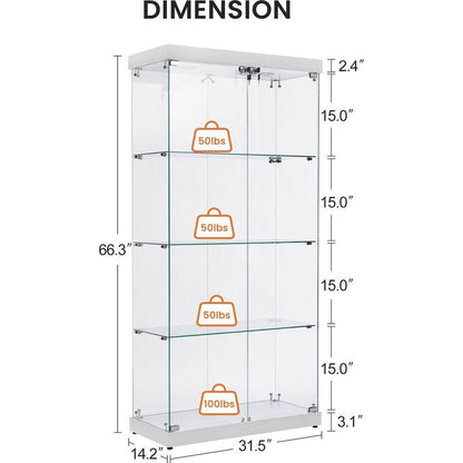 4-Tier Glass Display Cabinet, Double Door Glass Cabinet, Four Partitions, Two Locks, Floor Standing Storage Cabinet for Living Room, Bedroom, Showroom and Office, White, 31.5"L x 14.2"W x 66.3"H