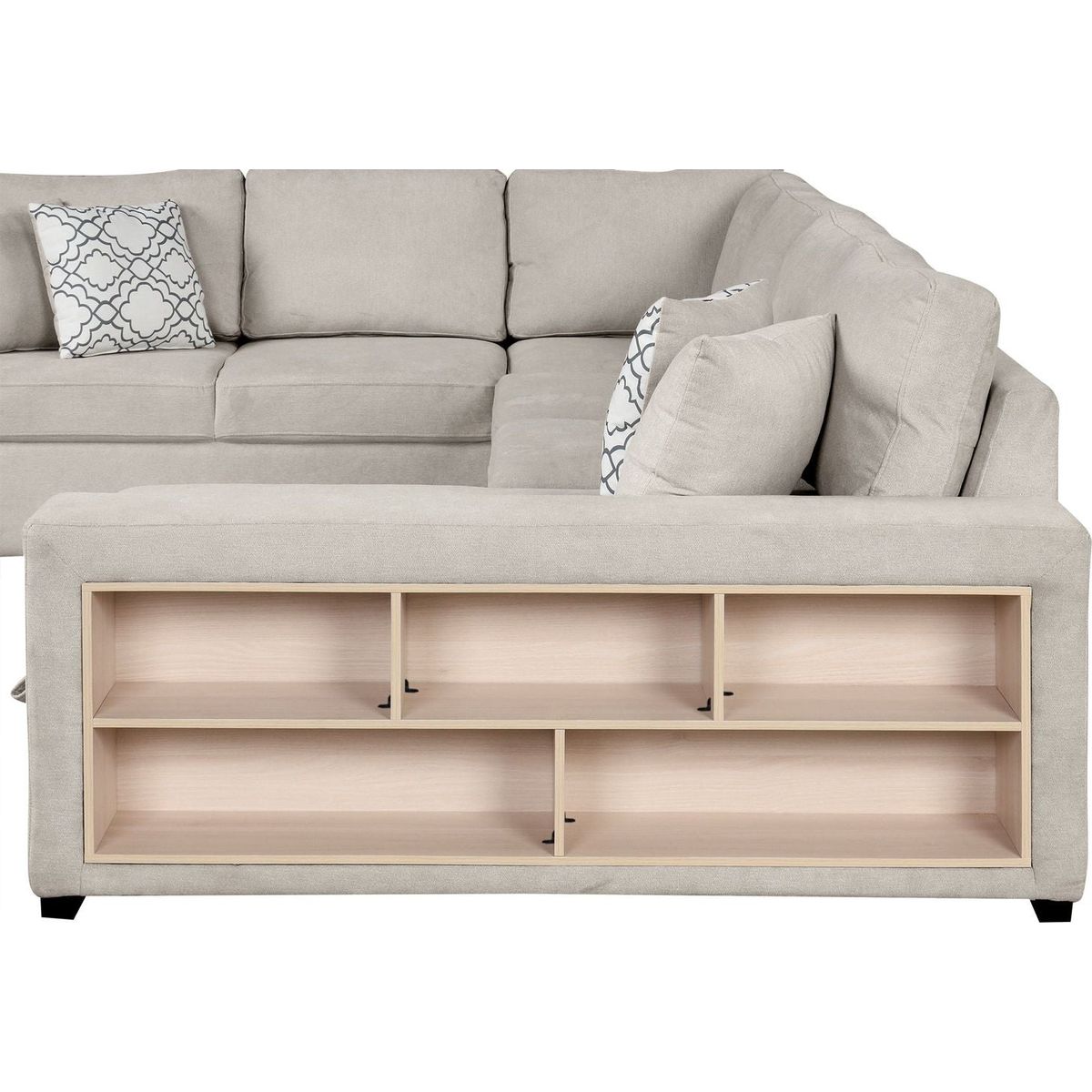 109" U-shaped Sectional Sofa Pull-out Sofa Bed with Two USB Ports, a Storage Chaise Lounge and Four Back Pillows for Living Room, Beige