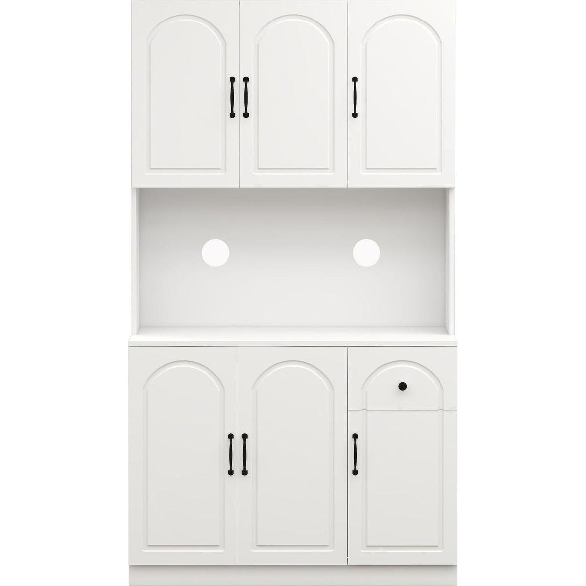 71" Kitchen Pantry Storage Cabinet with Microwave Oven Countertop, Freestanding Hutch Cabinet with Adjustable Shelves, 6 Doors and 1 Drawer-White