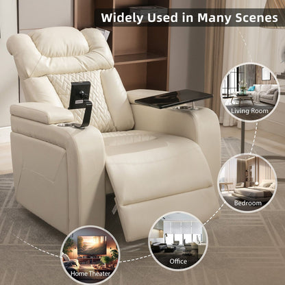 270 Degree Swivel PU Leather Power Recliner Individual Seat Home Theater Recliner with Comforable Backrest, Tray Table, Phone Holder, Cup Holder, USB Port, Hidden Arm Storage for Living Room, White