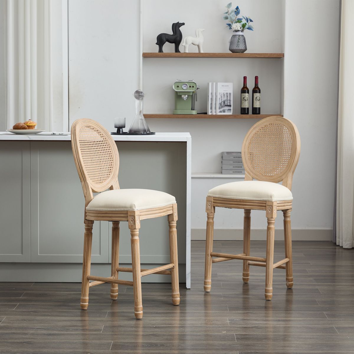 Solid Wood Bar stools Set of 2 Classic French Country Wooden Barstools with Upholstered Seating  Kitchen Bar Stool for Bar Counter Rattan - Beige