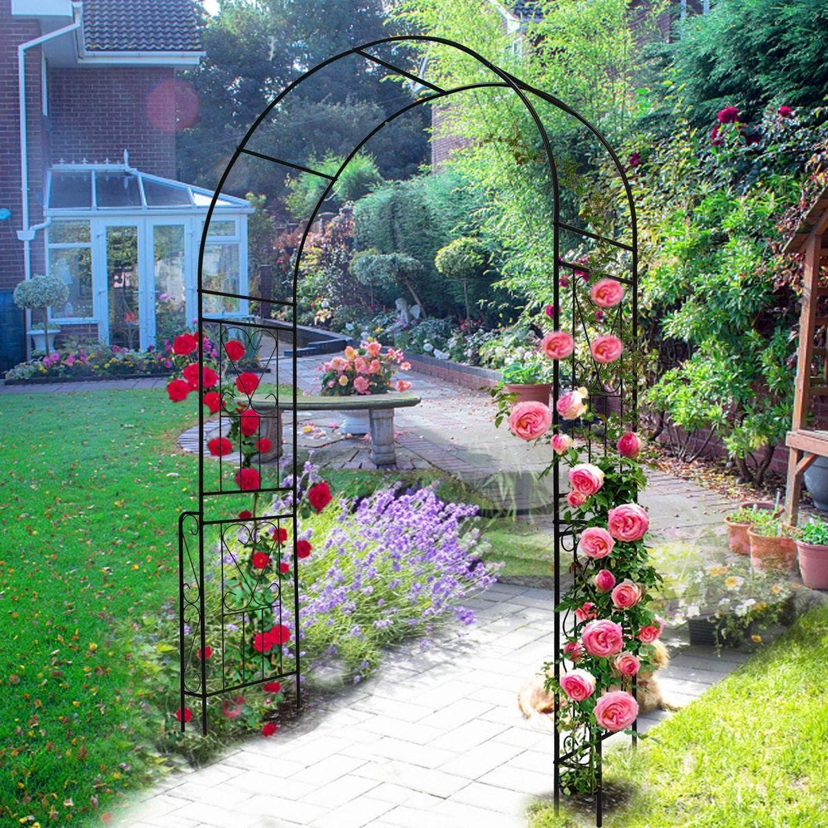 Metal Garden Arch W55" x H94.5" Garden Arbor Trellis Climbing Plants Support Rose Arch Outdoor Arch Black