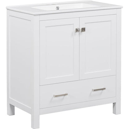 30" White Bathroom Vanity with Single Sink, Combo Cabinet Undermount Sink, Bathroom Storage Cabinet with 2 Doors and a Drawer, Soft Closing, Multifunctional Storage, Solid Wood Frame