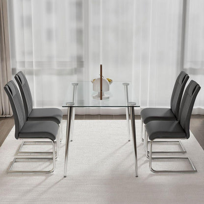 Glass dining table, dining chair set, 4 grey dining chairs, and 1 dining table. Table size 51 "W x 31.5" D x 30 "H