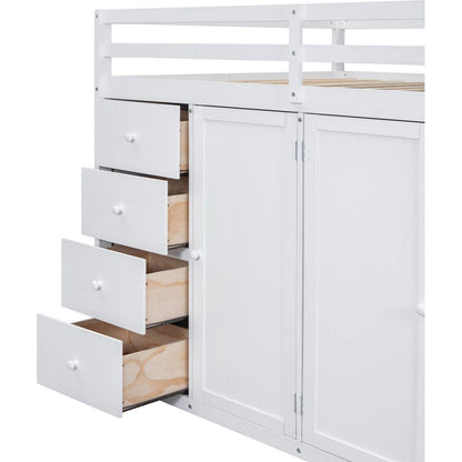Full Size Wood Loft Bed With Built-in Wardrobes, Cabinets and Drawers, White