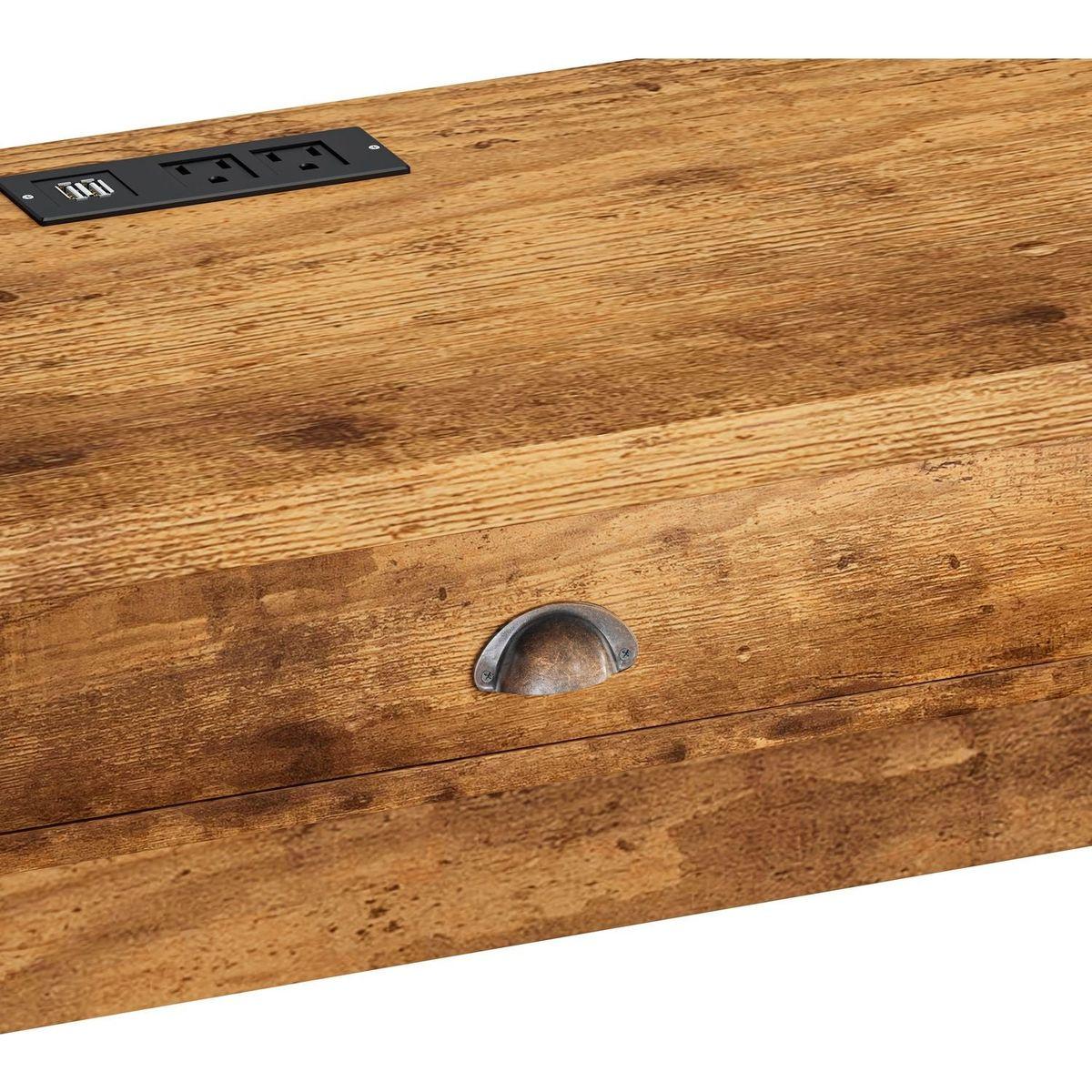 3-Drawer Long Dining Table Set with Power Outlets, Bar Kitchen Table Set with Circular PU Stools, Easy Assemble,Brown