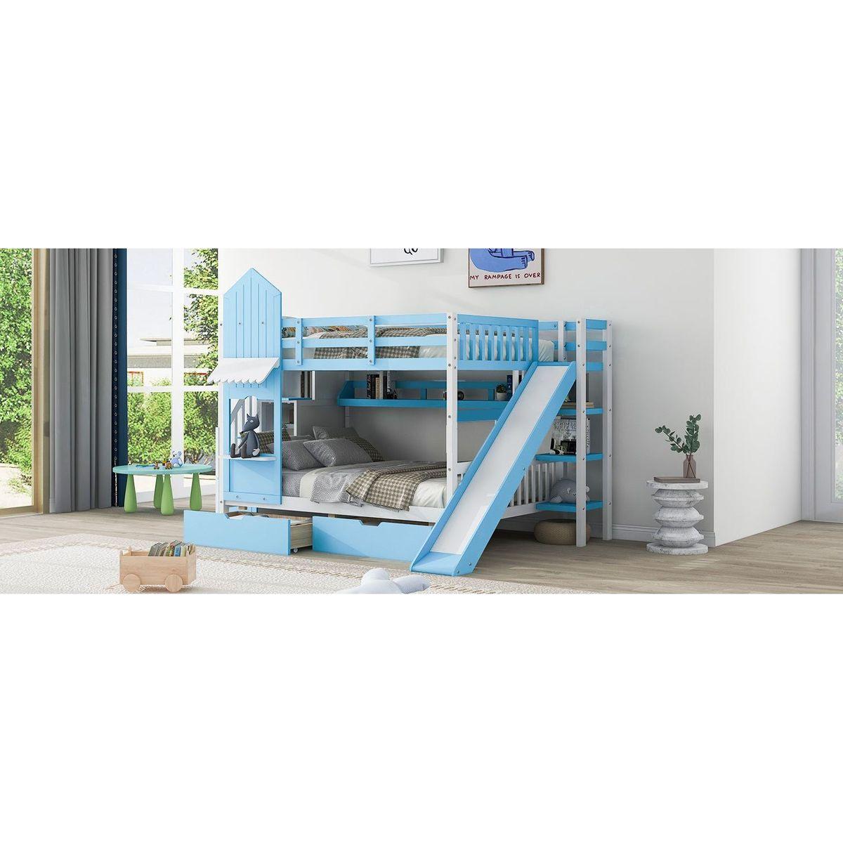 Full-Over-Full Castle Style Bunk Bed with 2 Drawers 3 Shelves and Slide - Blue