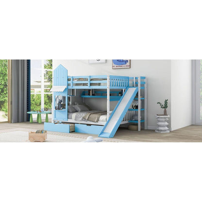 Full-Over-Full Castle Style Bunk Bed with 2 Drawers 3 Shelves and Slide - Blue
