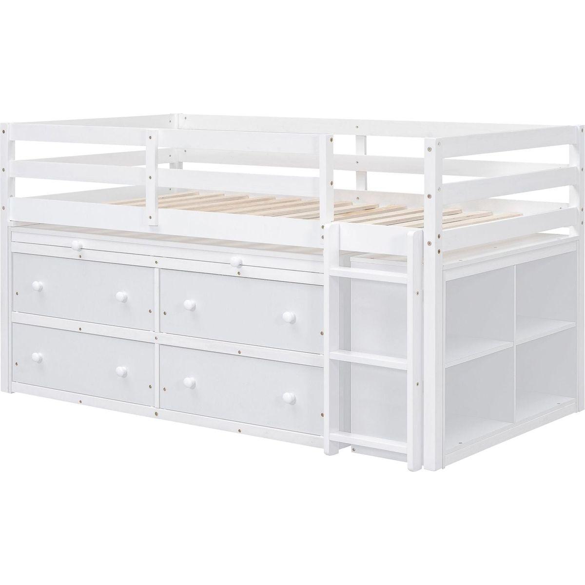 Twin Size Loft Bed with Retractable Writing Desk and 4 Drawers, Wooden Loft Bed with Lateral Portable Desk and Shelves, White