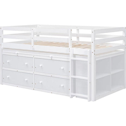 Twin Size Loft Bed with Retractable Writing Desk and 4 Drawers, Wooden Loft Bed with Lateral Portable Desk and Shelves, White