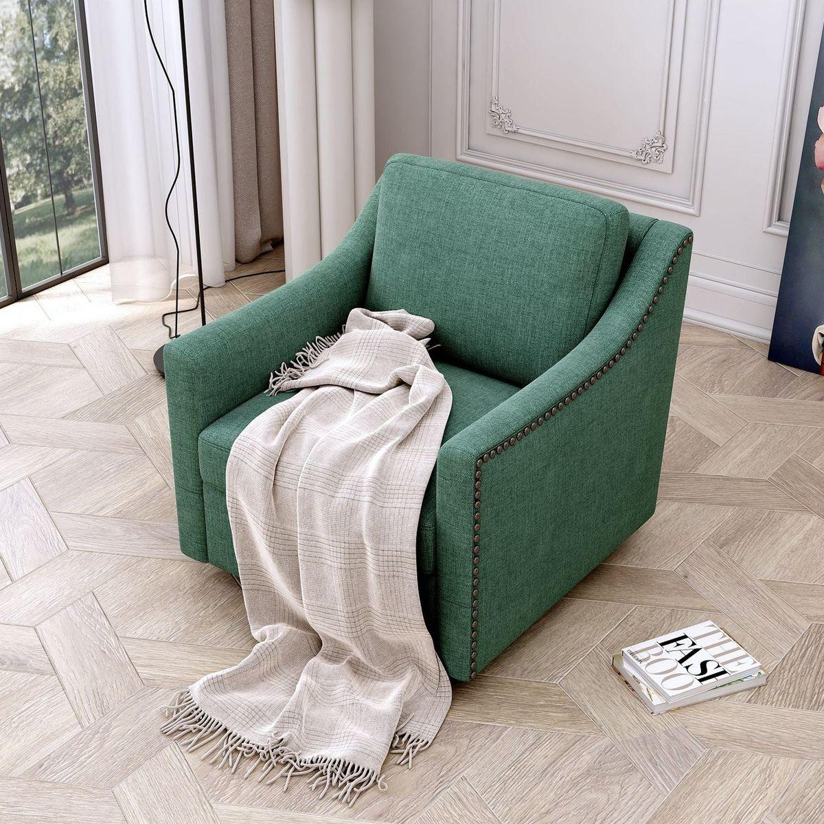 360 Degree Swivel Armchair Cotton linen skin-friendly fabric Ergonomic design Brass nail decorative armchair Living room chairs Bedroom chairs Living room chairs Black legs Suitable for indoor homes