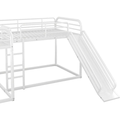 Full and Twin Size L-Shaped Bunk Bed with Slide and Short Ladder, White
