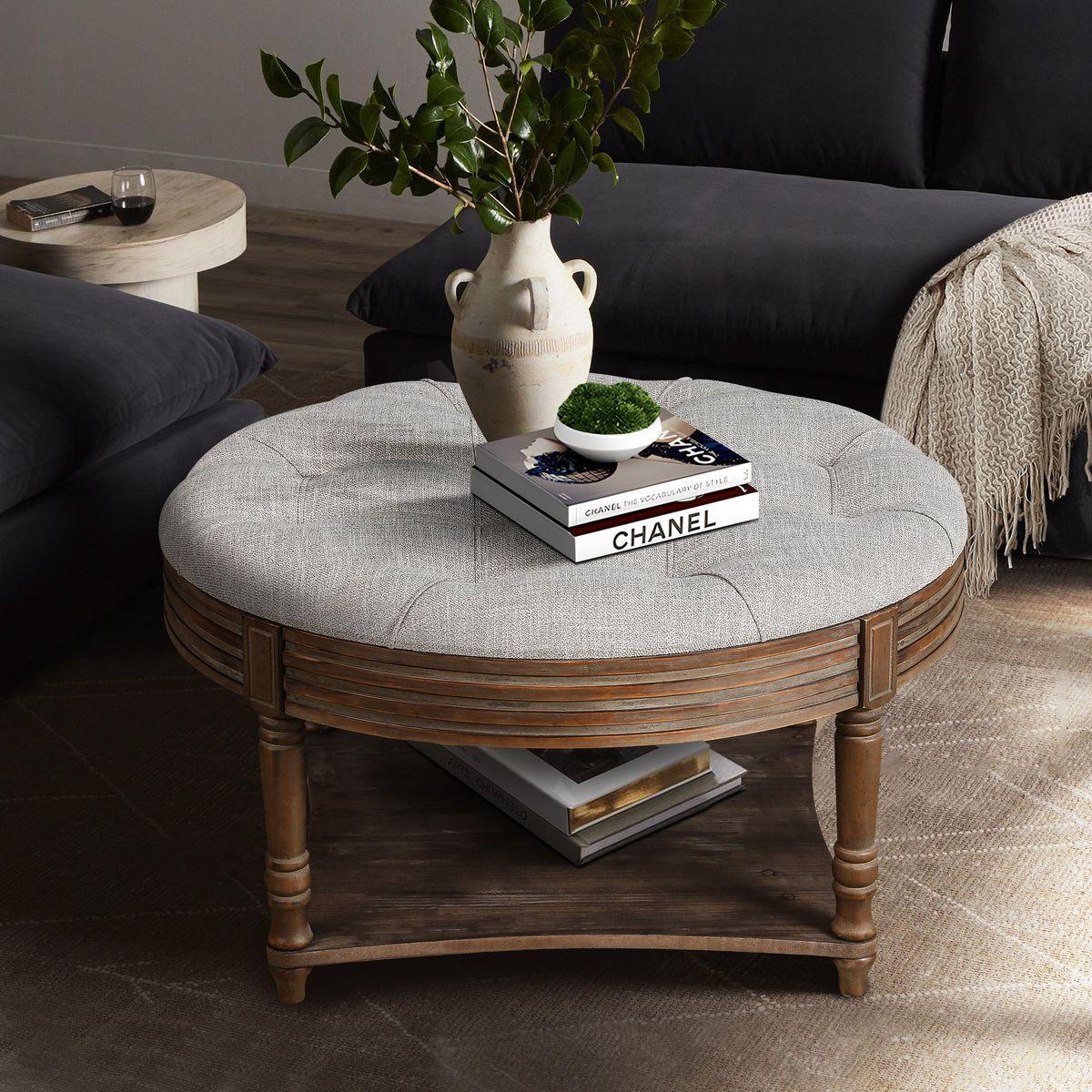 Large Round WaterProof Ottoman Coffee Table 2 Tier Oversized Button Tufted Ottoman with Wooden Shelf Storage Farmhouse Upholstered Coffee Table Living Room Footstool Ottoman Linen(Light Gray)
