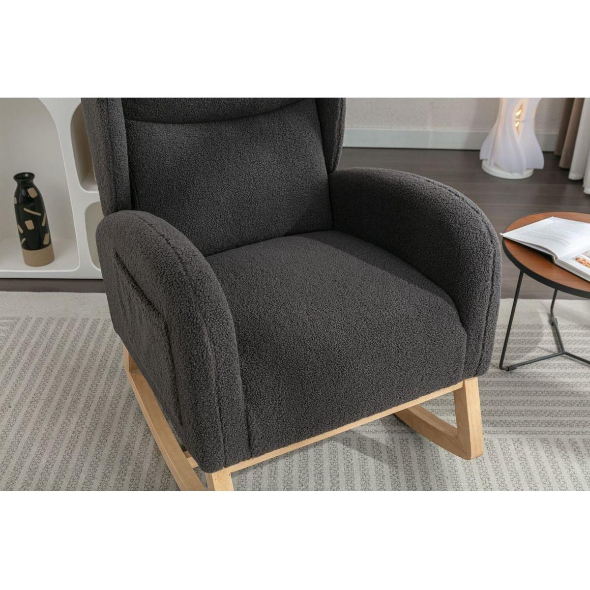 Teddy Fabric Rocking Chair With Packet Wood Legs,Dark Gray