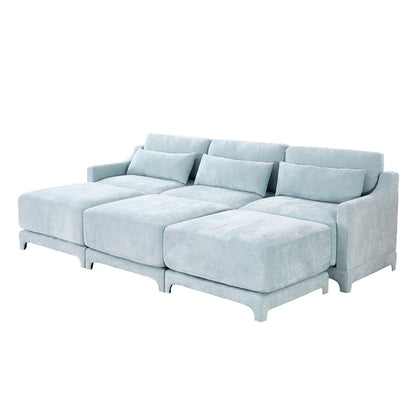 Ergonomic Three-Seater Sofa with Movable Ottomans and Lumbar Pillow in Sky Blue Chenille