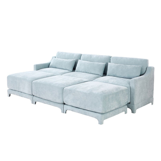 Ergonomic Three-Seater Sofa with Movable Ottomans and Lumbar Pillow in Sky Blue Chenille