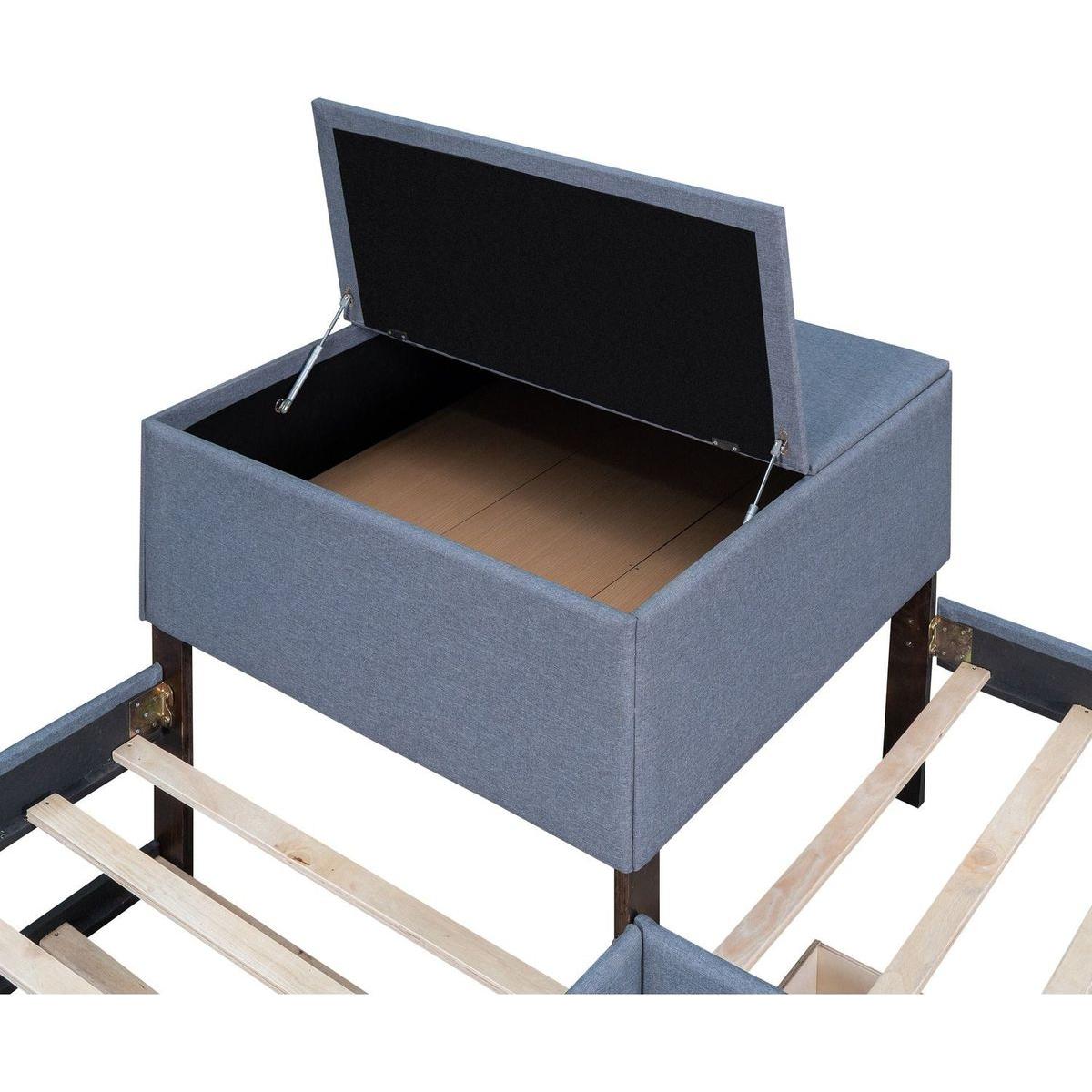 L-shaped Upholstered Platform Bed with Trundle and Two Drawers Linked with built-in Desk,Twin,Gray