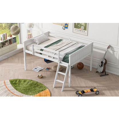 Full Size Wood Low Loft Bed with Ladder, ladder can be placed on the left or right, White(O