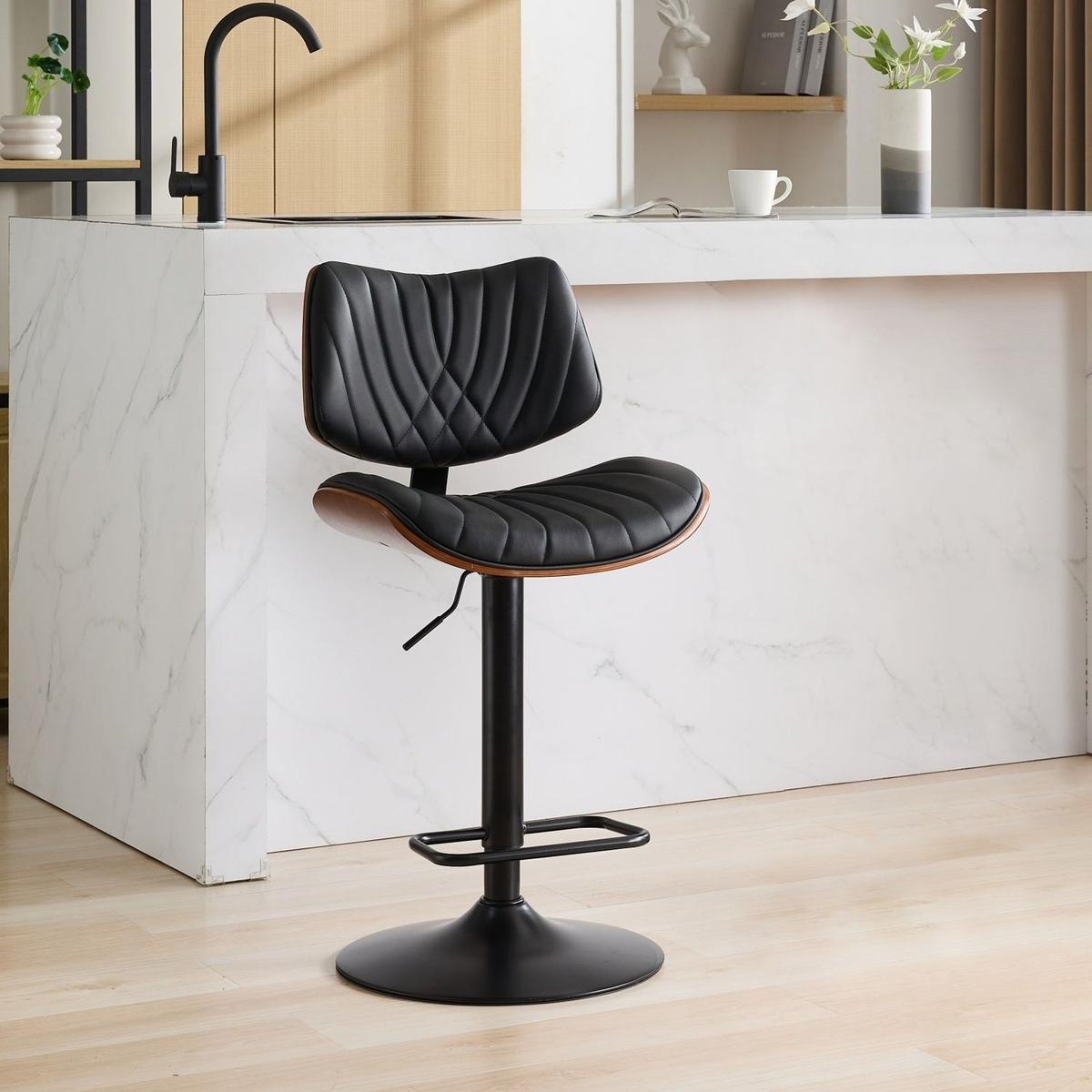 Walnut Bentwood Bar Stools Mid Century Modern Adjustable Counter Height Black Leather Upholstered 360Swivel Bar Chairs for Kitchen Island/Dining Room/Cafe, 1 chair/1carton,Black