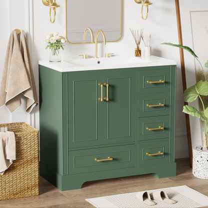 36-inch Traditional Bathroom Vanity with Resin Sink Combo Set, Green Bathroom Cabinet with Two Doors and Four Drawers