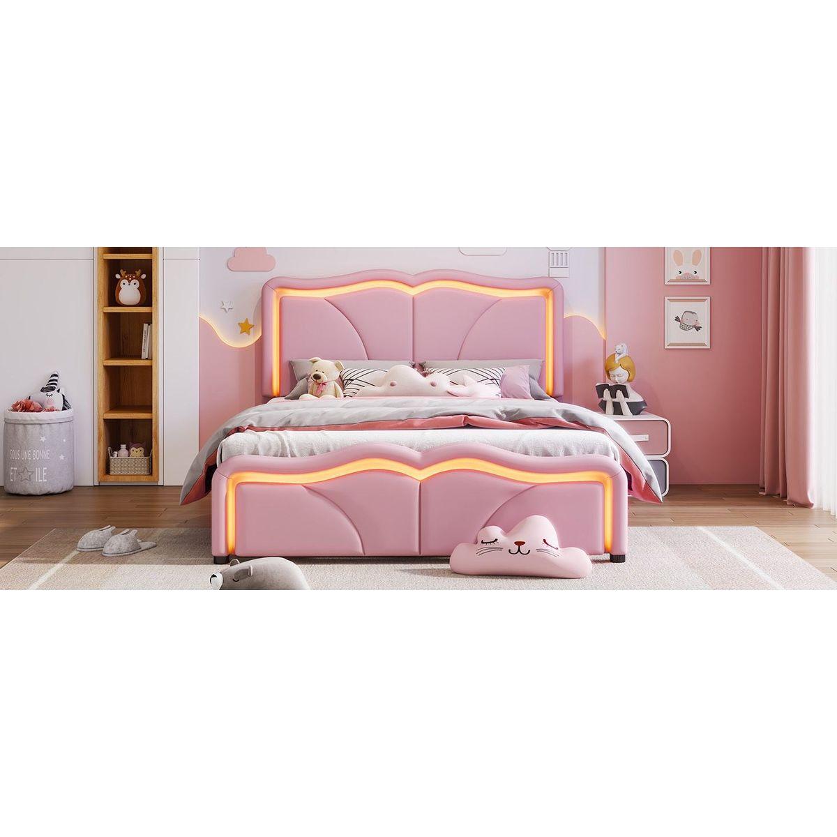 Full Size Upholstered Platform Bed with Curve Shaped and Height-adjustbale Headboard,LED Light Strips,Pink