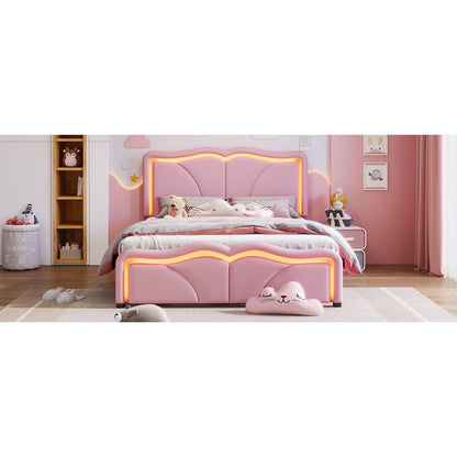 Full Size Upholstered Platform Bed with Curve Shaped and Height-adjustbale Headboard,LED Light Strips,Pink