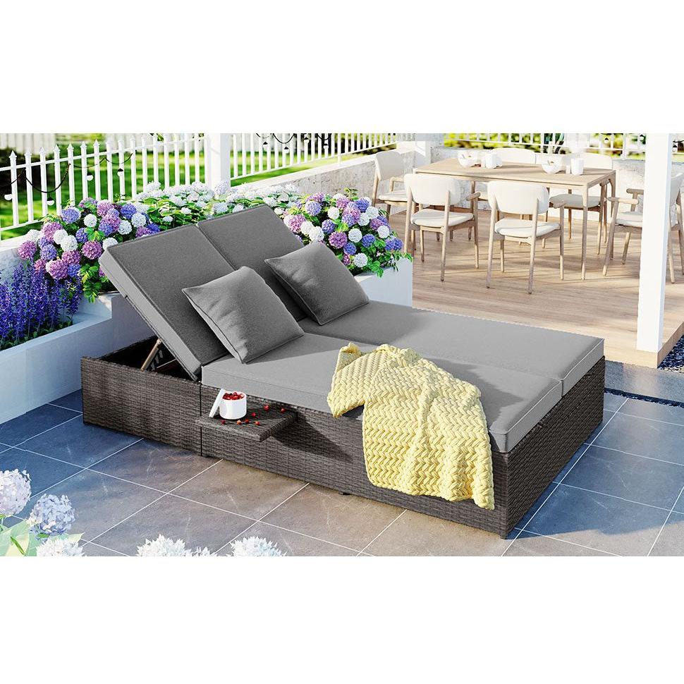 Outdoor Double Sunbed, Wicker Rattan Patio Reclining Chairs with Adjustable Backrest and Seat, Conversational Set for 2 Person, Gray