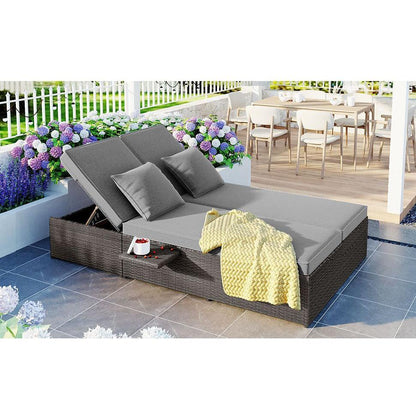 Outdoor Double Sunbed, Wicker Rattan Patio Reclining Chairs with Adjustable Backrest and Seat, Conversational Set for 2 Person, Gray