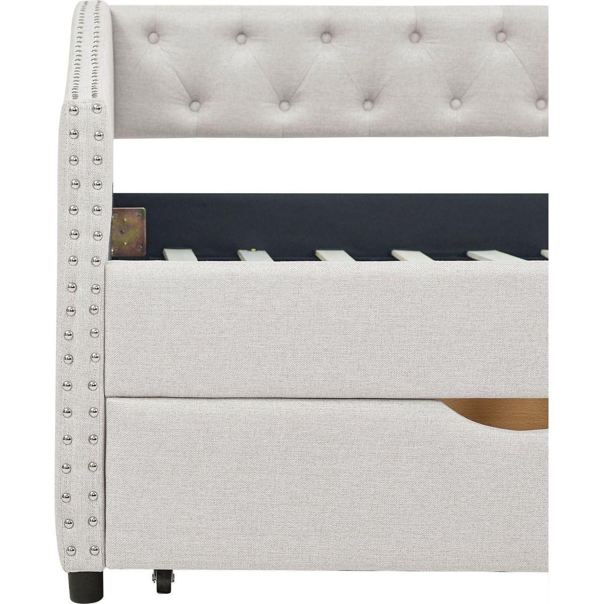 Twin Size Daybed with Drawers Upholstered Tufted Sofa Bed, with Button on Back and Copper Nail on Waved Shape Arms, Beige(81.5"x41"x30.5")