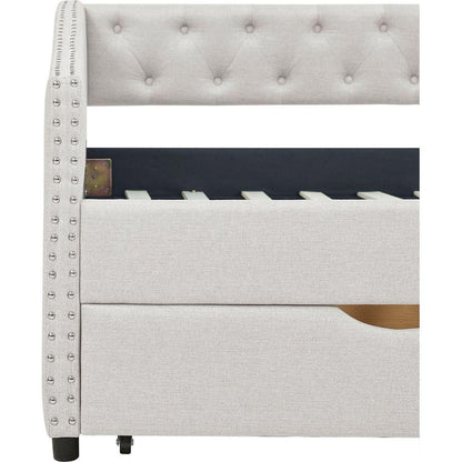 Twin Size Daybed with Drawers Upholstered Tufted Sofa Bed, with Button on Back and Copper Nail on Waved Shape Arms, Beige(81.5"x41"x30.5")
