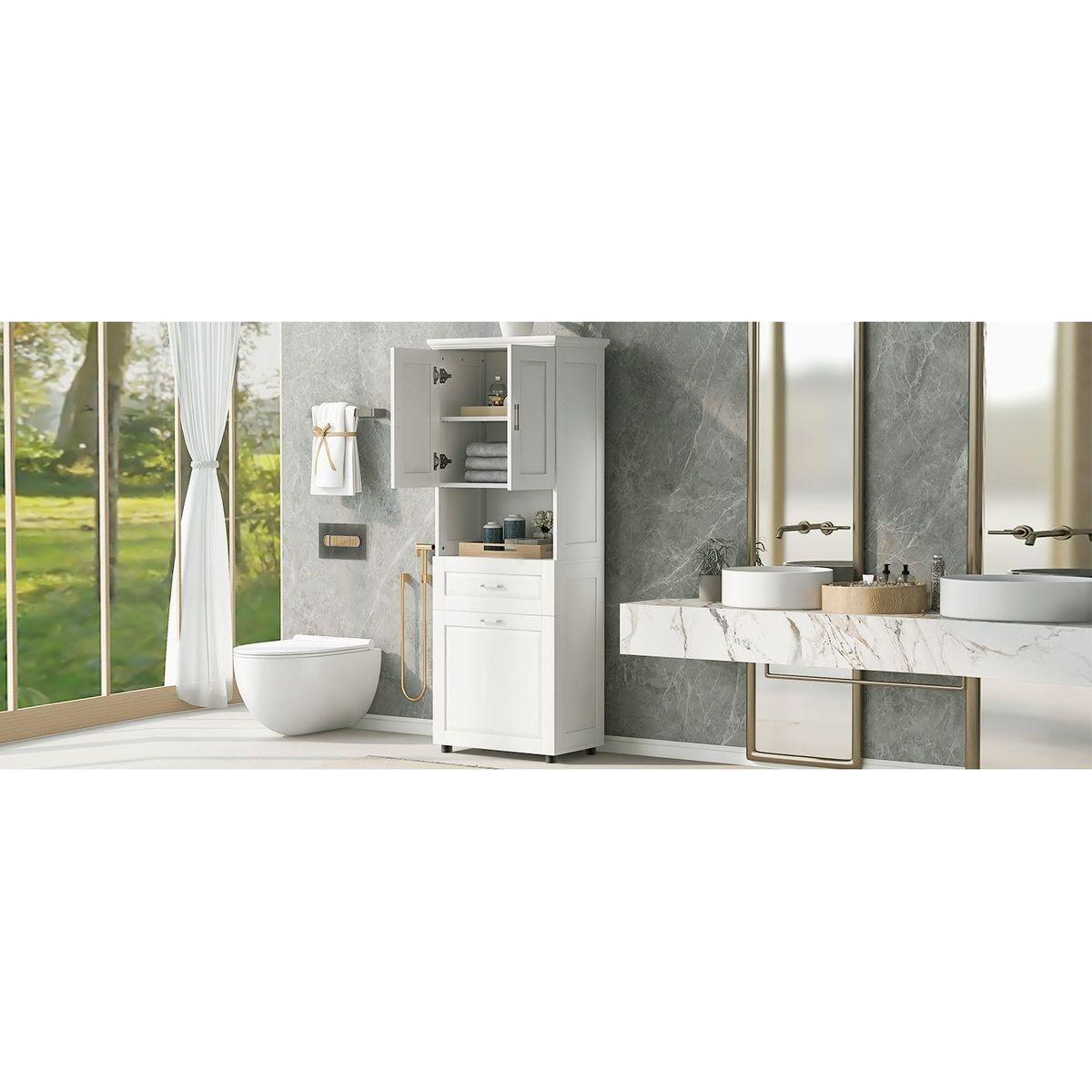 Tall Bathroom Cabinet with Laundry Basket, Large Storage Space Tilt-Out Laundry Hamper and Upper Storage Cabinet, White