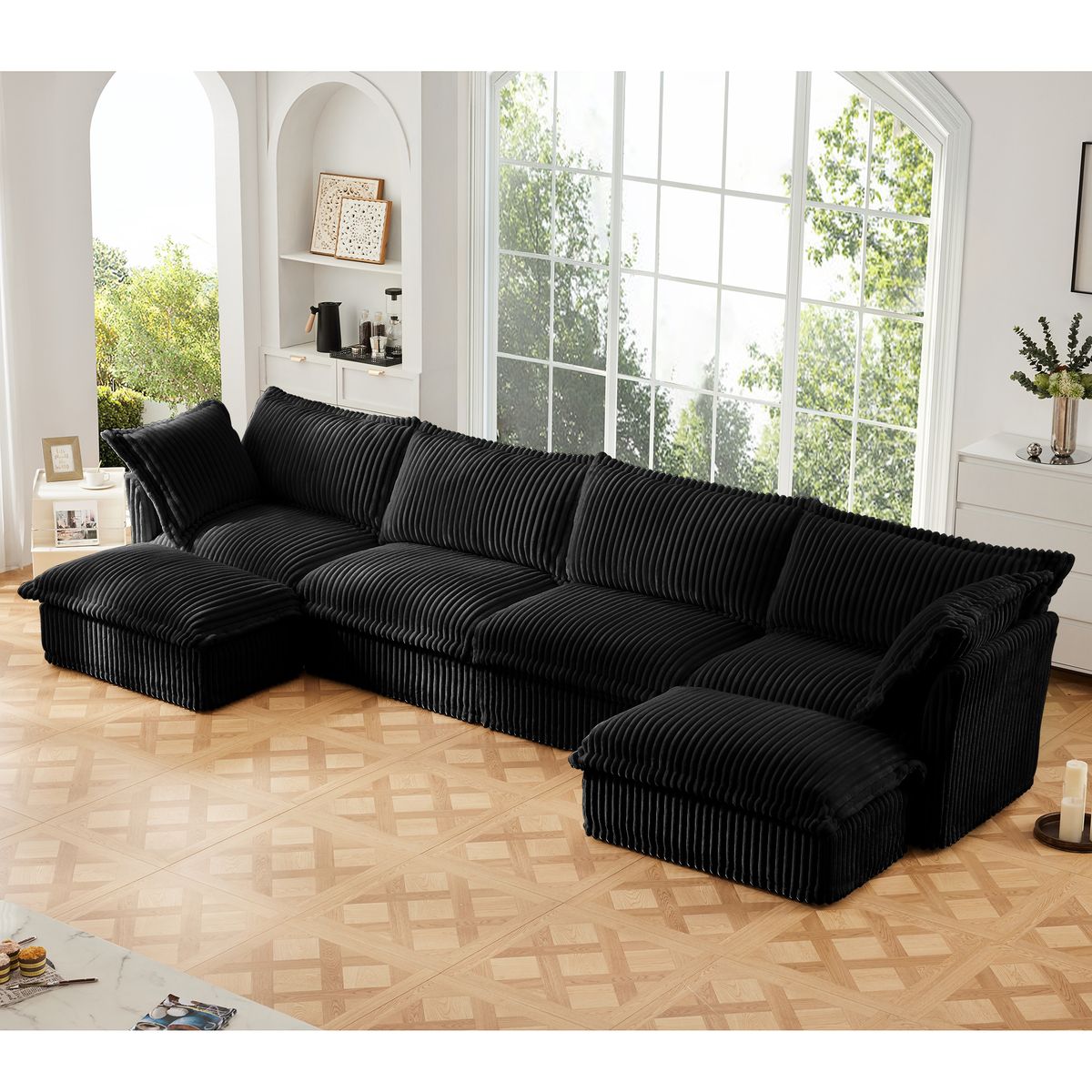 Slipcovered U Shape Sectional Wide and Deep Seat Sofa Couch, 4 Seater Sofa with French Edges Design Multiple Big Pillows, Soft Deep Seat Comfy Cloud Couch for Living Room, Apartment, Black Corduroy