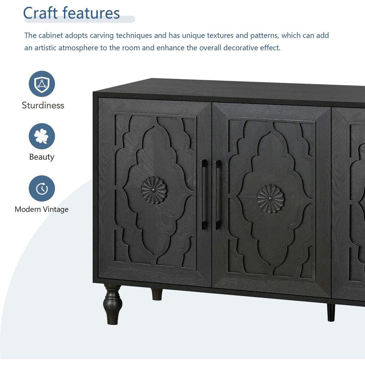 Carved Flower Door Large Storage Cabinet With Metal Handle Suitable For Living Room, Kitchen, Entryway(BLACK)