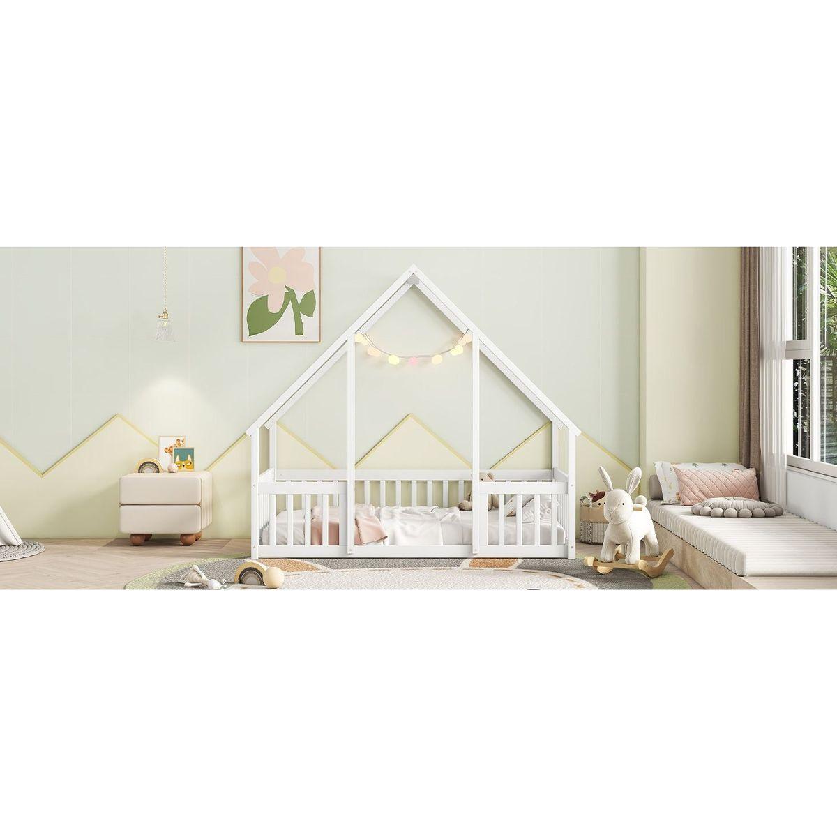 Twin Wood House-Shaped Floor Bed with Fence, Guardrails, White