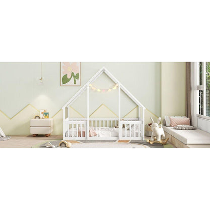 Twin Wood House-Shaped Floor Bed with Fence, Guardrails, White