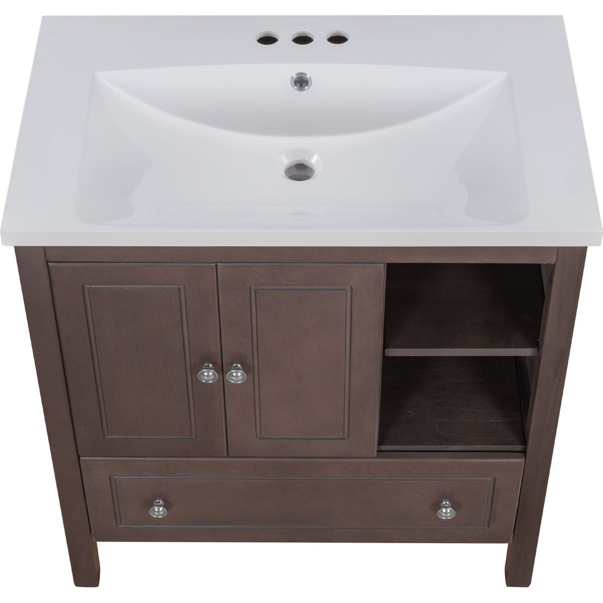 30" Bathroom Vanity with Sink, Bathroom Storage Cabinet with Doors and Drawers, Solid Wood Frame, Ceramic Sink, Brown