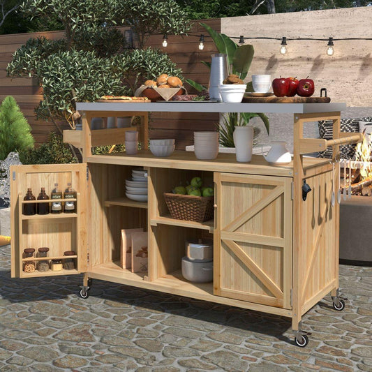 Outdoor Kitchen Island, Rolling Bar Cart & Storage Cabinet, Farmhouse Solid Wood Outdoor Grill Table with Stainless Steel Top, Spice Rack, Towel Rack for Kitchen & BBQ, Natural