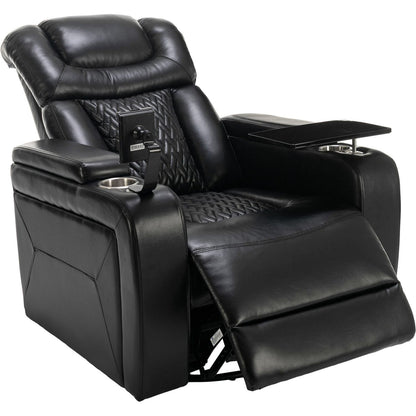 270 Degree Swivel PU Leather Power Recliner Individual Seat Home Theater Recliner with Comforable Backrest, Tray Table, Phone Holder, Cup Holder, USB Port, Hidden Arm Storage for Living Room, Black