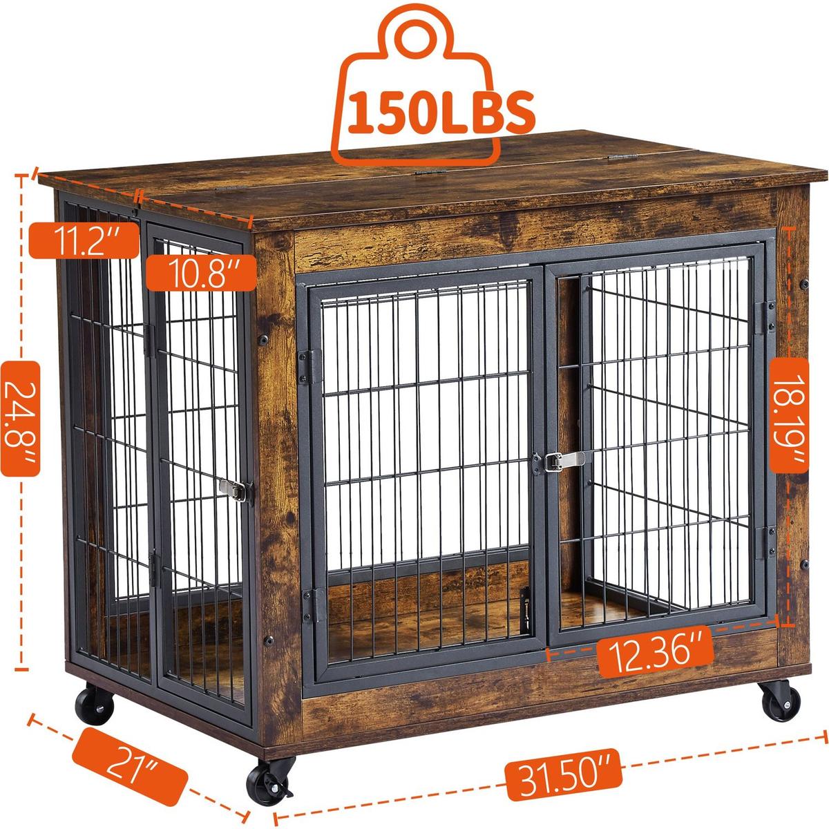 Furniture Style Dog Crate Side Table on Wheels with Double Doors and Lift Top. Grey, 31.50" W x 22.05" D x 25" H.