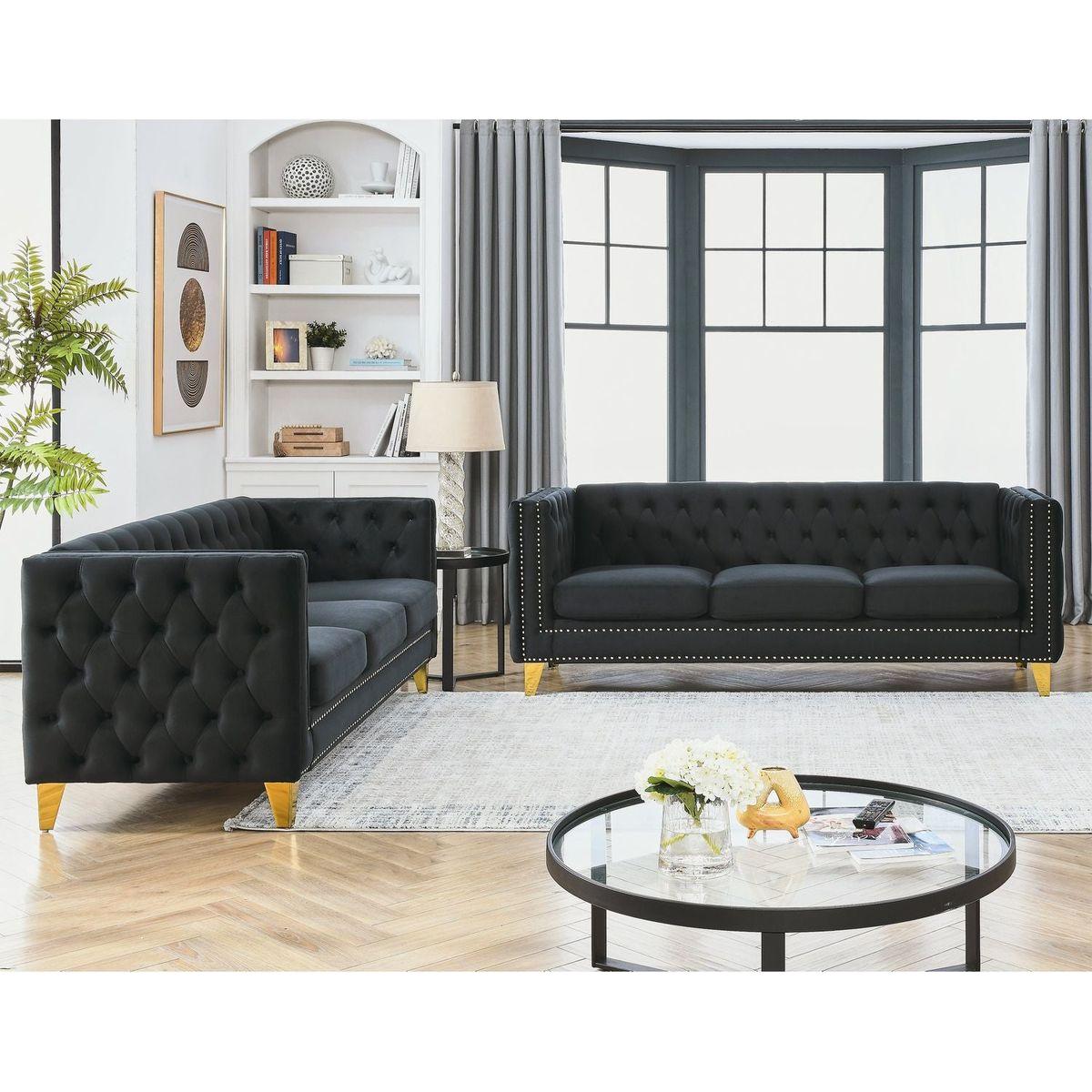 Velvet Sofa for Living Room,Buttons Tufted Square Arm Couch, Modern Couch Upholstered Button and Metal Legs, Sofa Couch for Bedroom, Black Velvet, 2PCS