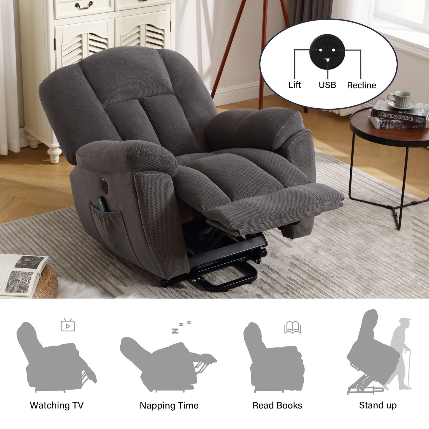 Power Lift Recliner Chair Recliners for Elderly with Heat and Massage Recliner Chair for Living Room with Infinite Position and Side Pocket,USB Charge Port(GREY)