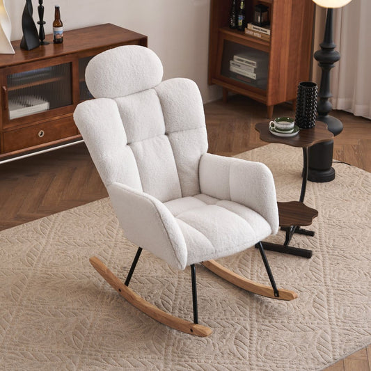 055-Teddy Fabric Upholstered Nursery Rocking Glider Chair Mid Century Modern Accent Arm Chair Padded Seat with High Backrest and Pillows for Living Room Bedroom Offices (Ivory Teddy)