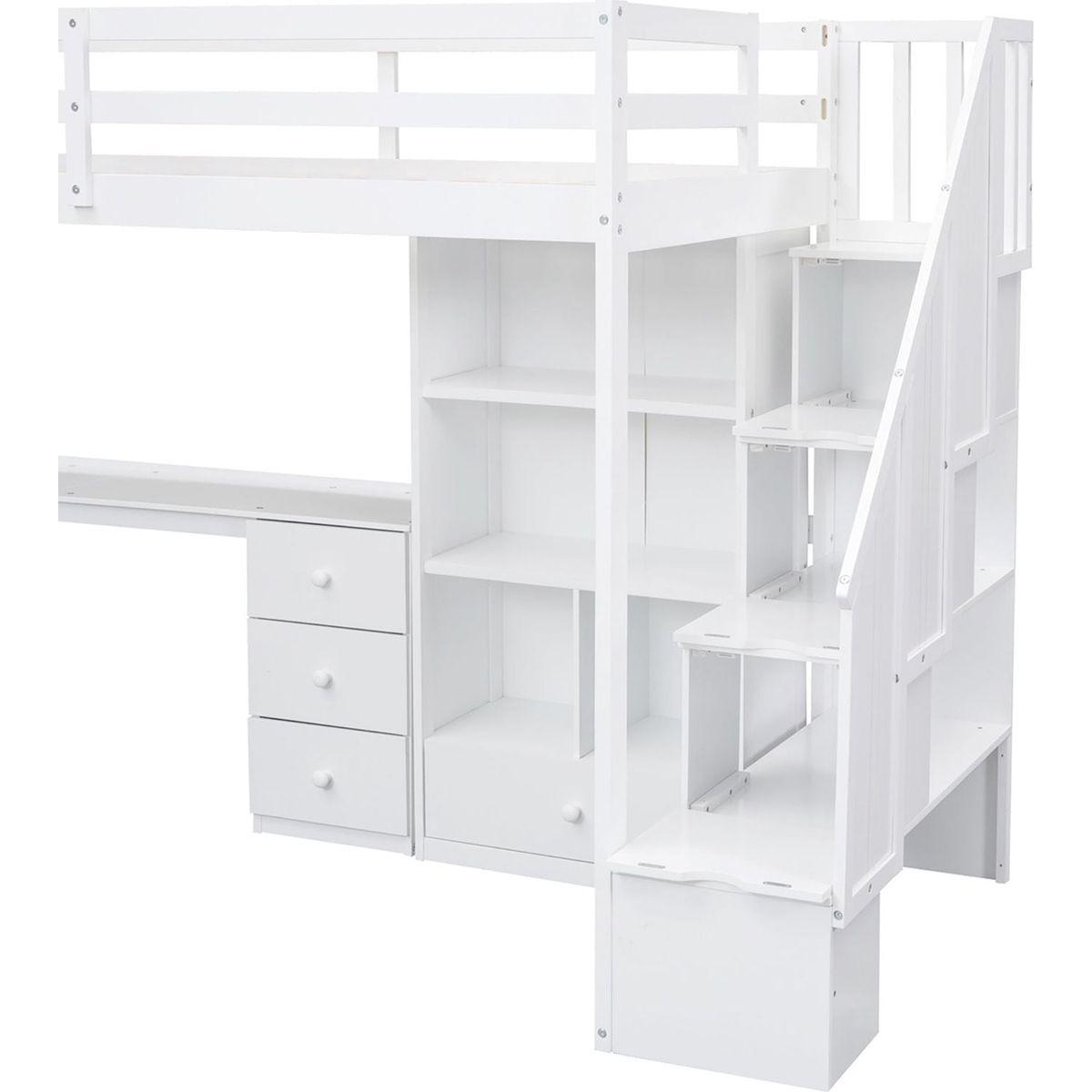 Twin Size Loft Bed with L-Shaped Desk and Drawers, Cabinet and Storage Staircase, White