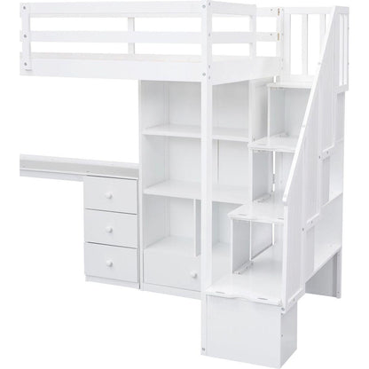 Twin Size Loft Bed with L-Shaped Desk and Drawers, Cabinet and Storage Staircase, White