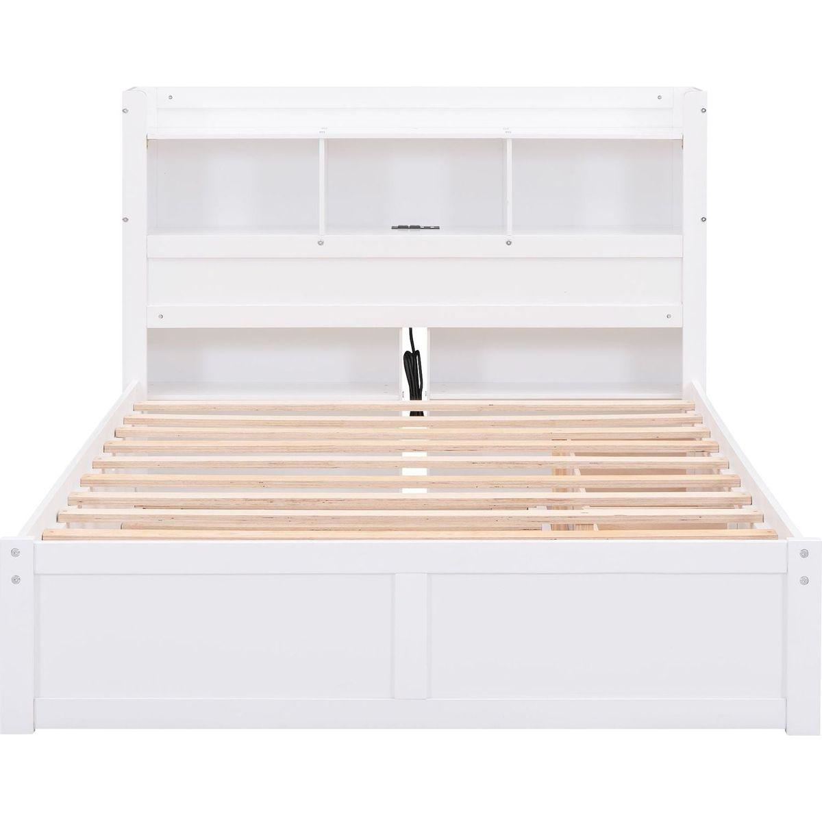 Full Size Storage Platform Bed with Pull Out Shelves, Twin Size Trundle and 2 Drawers, White