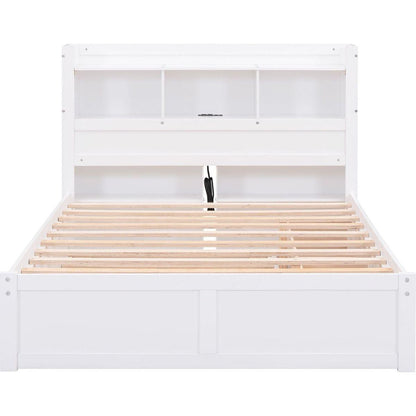 Full Size Storage Platform Bed with Pull Out Shelves, Twin Size Trundle and 2 Drawers, White
