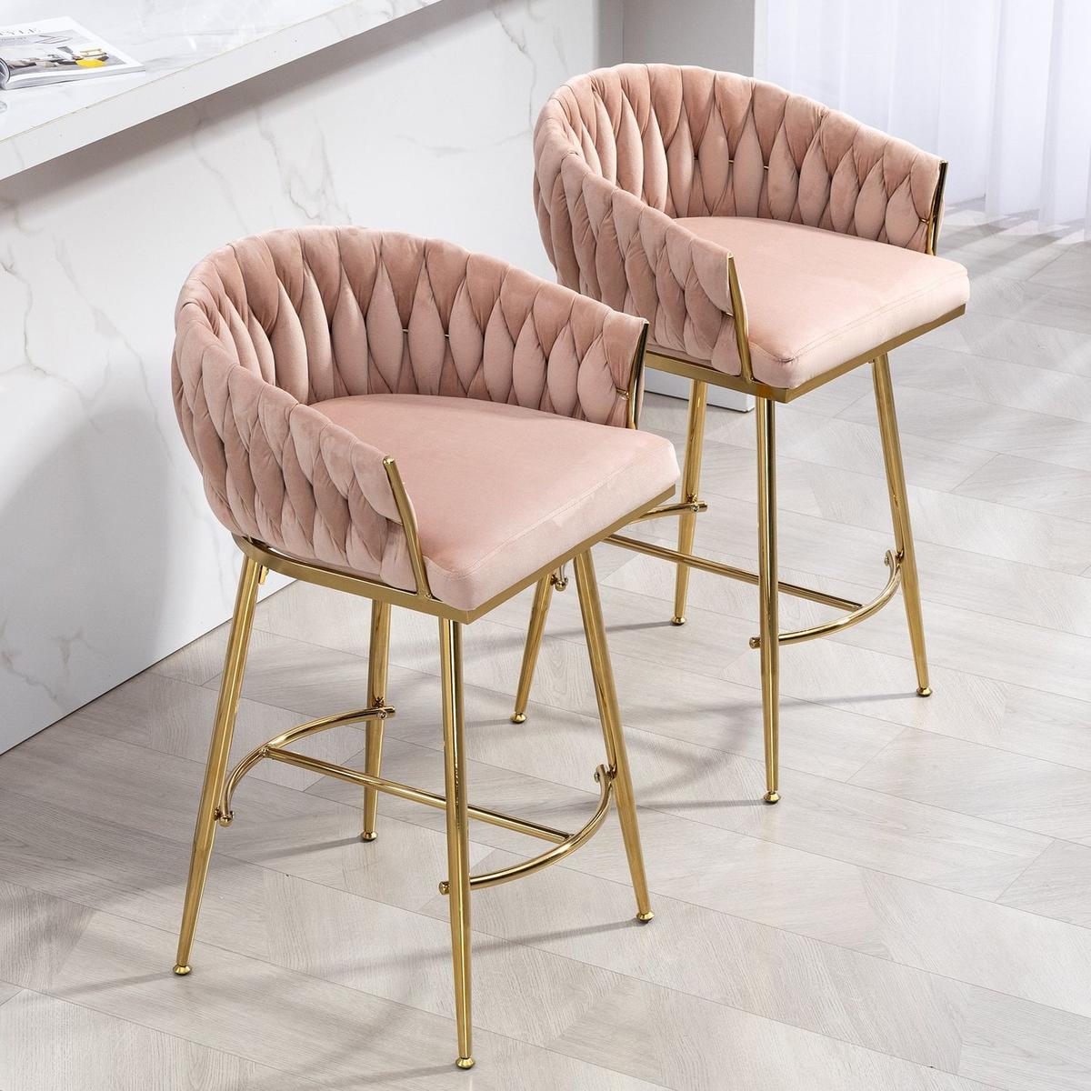 26" Counter height bar stools Set of 2 kitchen island counter bar stool with hand- wave back,golden chromed base and footrest(PINK)