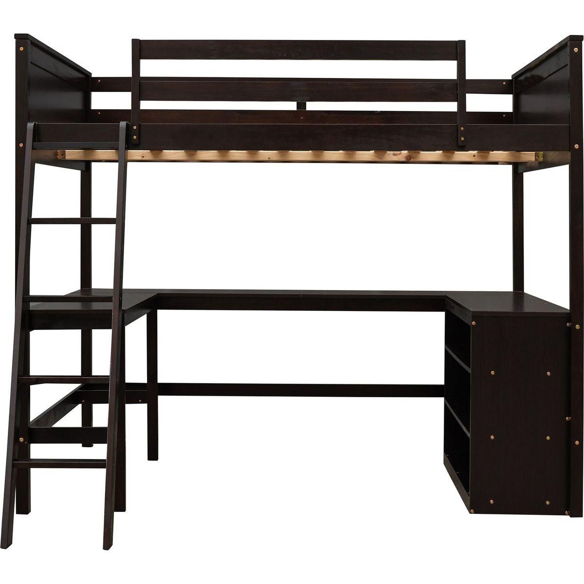 Full size Loft Bed with Shelves and Desk, Wooden Loft Bed with Desk - Espresso