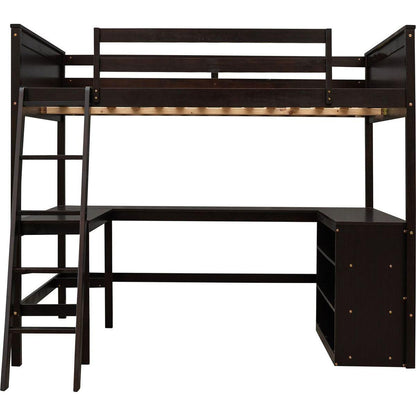 Full size Loft Bed with Shelves and Desk, Wooden Loft Bed with Desk - Espresso